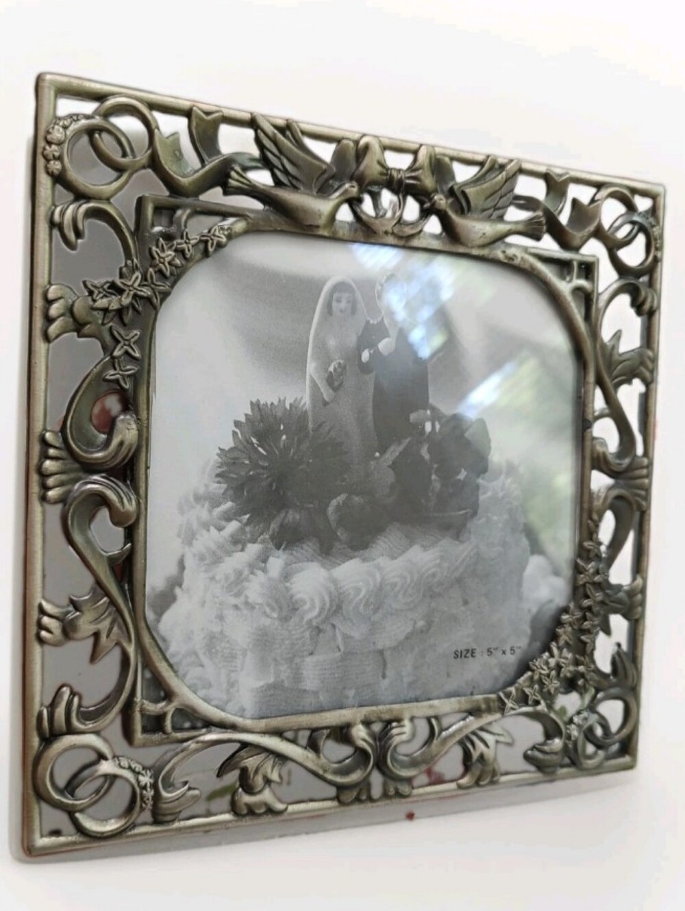 Stand Up Metal Wedding Photo Frame Doves Ribbons Rings & Flowers 5"X5"ID 6.75 OD